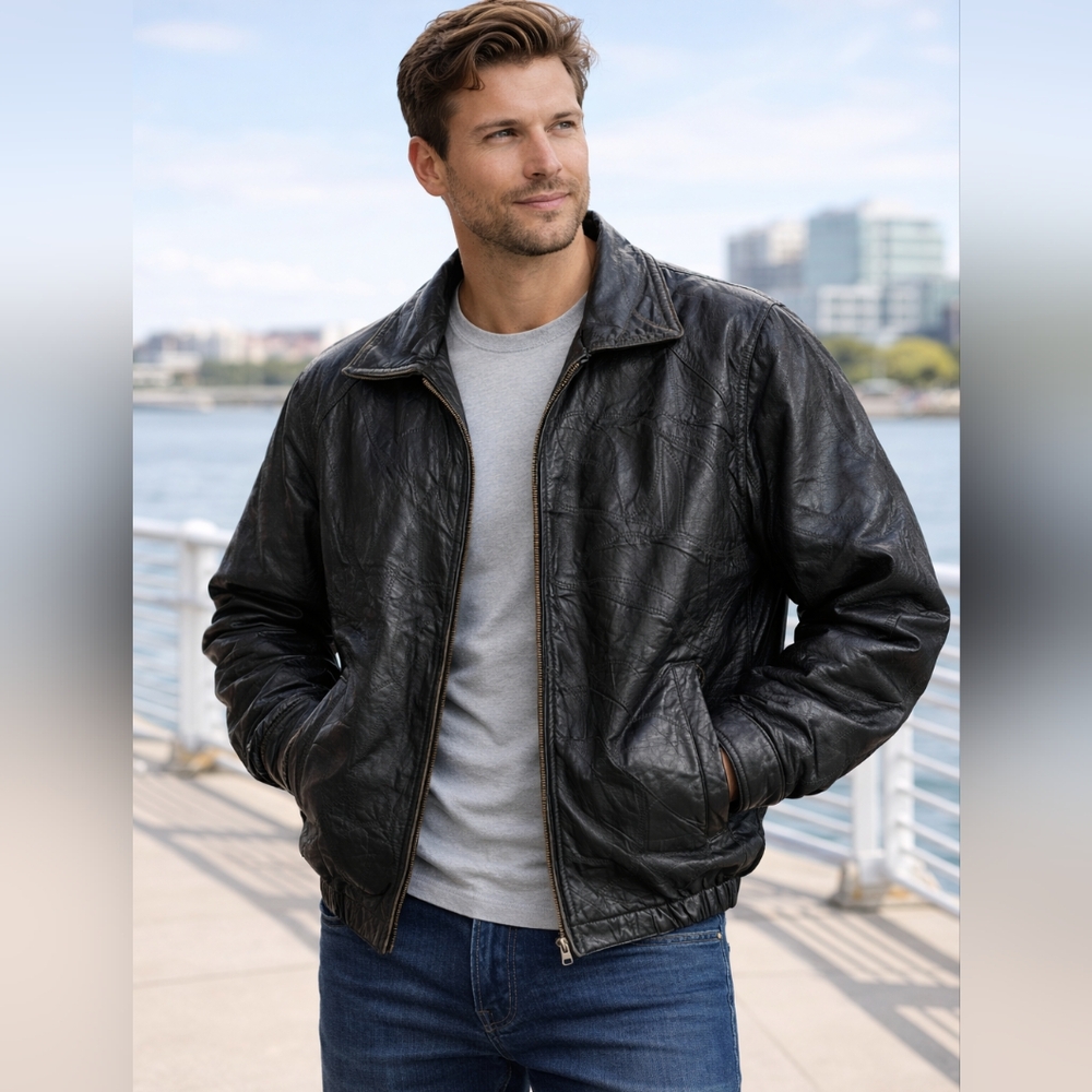 PATCHWORK Leather Bomber JACKET Coat Black Vintage M. COLLECTION Mens Size M